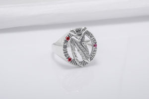 Mantis Sterling Silver Round Ring with Red Gems, Handmade Jewelry - vikingworkshop