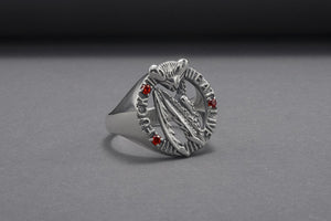 Mantis Sterling Silver Round Ring with Red Gems, Handmade Jewelry - vikingworkshop