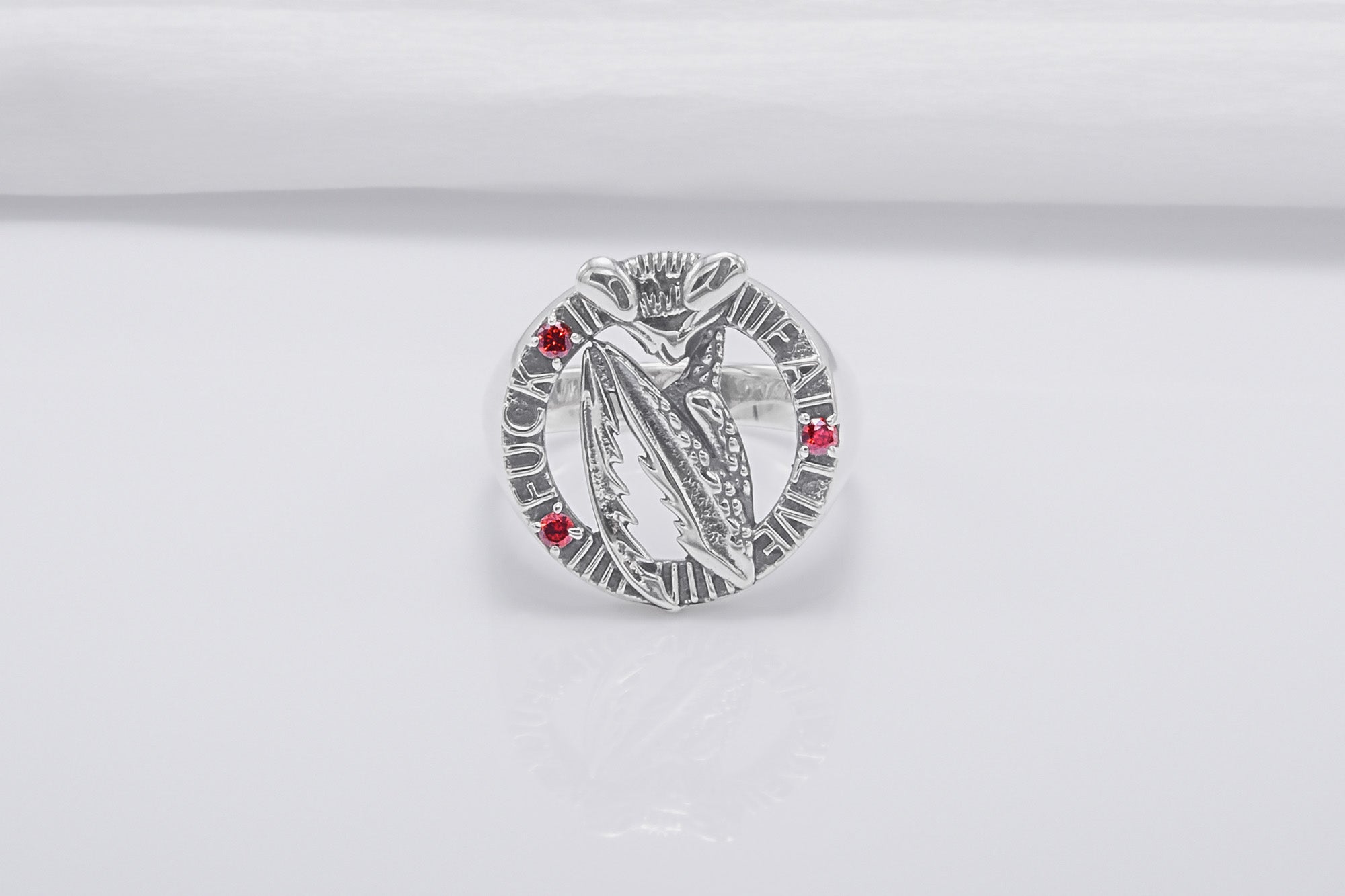 Mantis Sterling Silver Round Ring with Red Gems, Handmade Jewelry - vikingworkshop