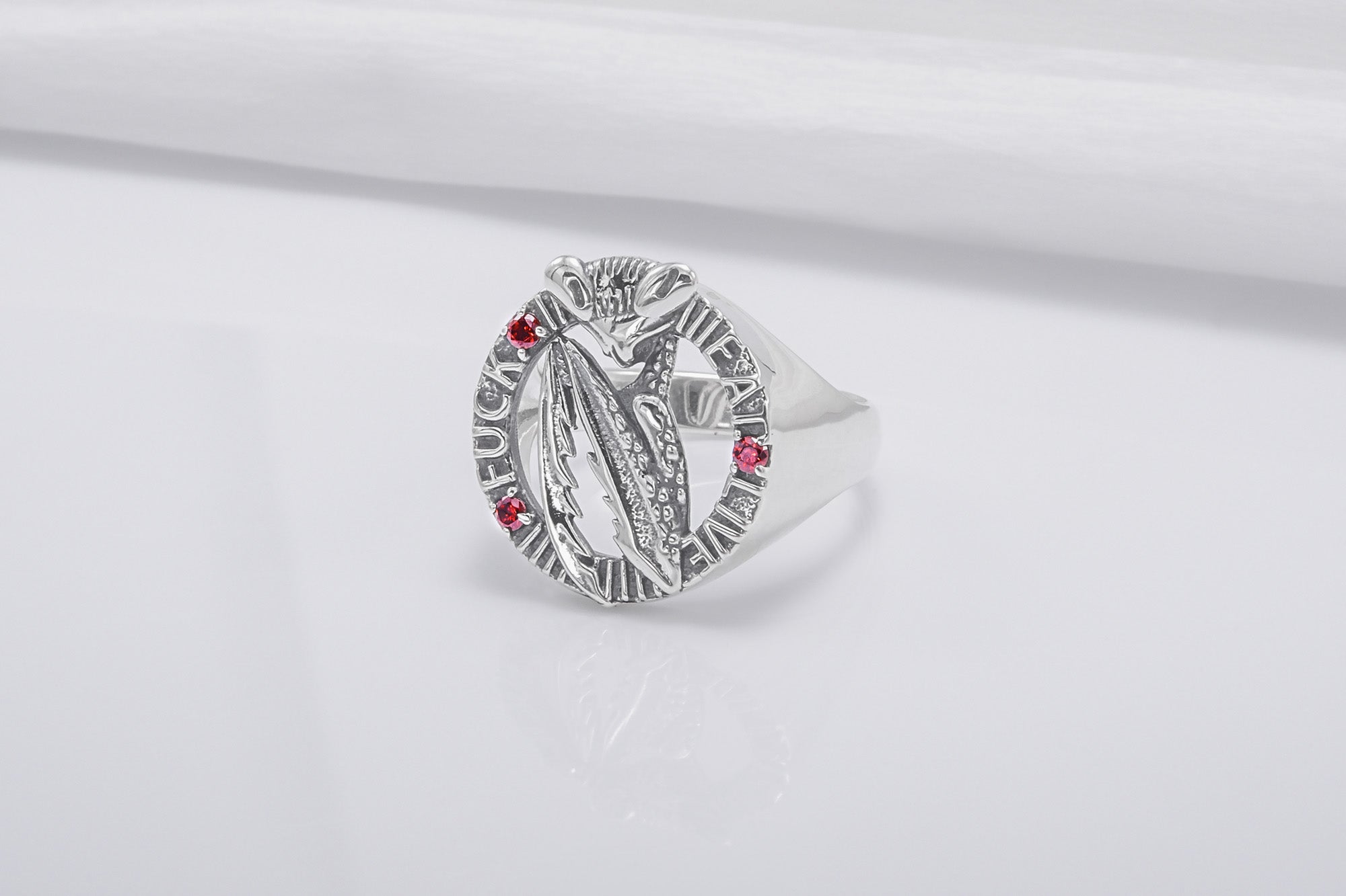 Mantis Sterling Silver Round Ring with Red Gems, Handmade Jewelry - vikingworkshop