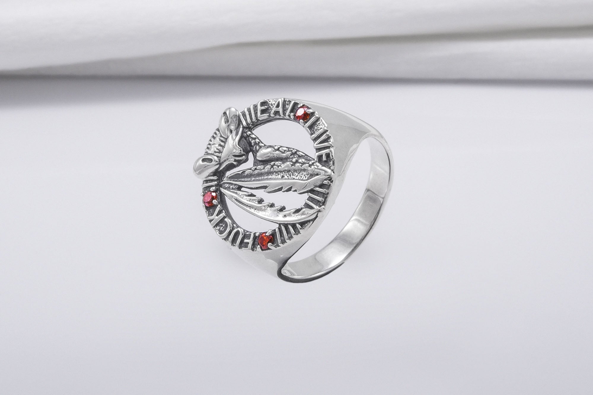 Mantis Sterling Silver Round Ring with Red Gems, Handmade Jewelry - vikingworkshop