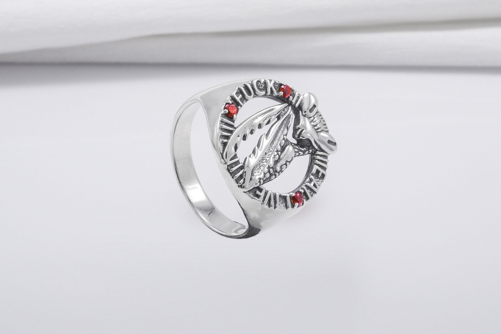 Mantis Sterling Silver Round Ring with Red Gems, Handmade Jewelry - vikingworkshop