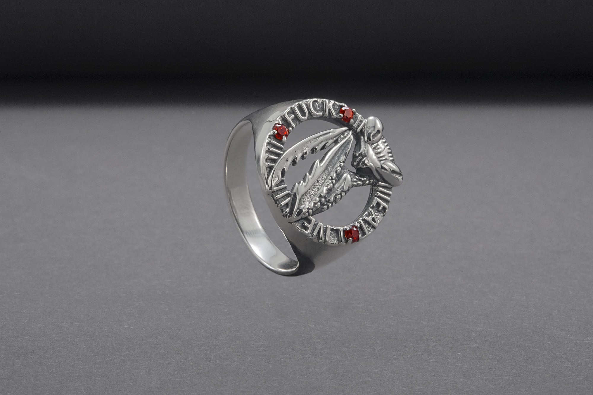 Mantis Sterling Silver Round Ring with Red Gems, Handmade Jewelry - vikingworkshop