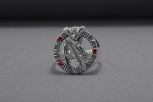 Mantis Sterling Silver Round Ring with Red Gems, Handmade Jewelry - vikingworkshop