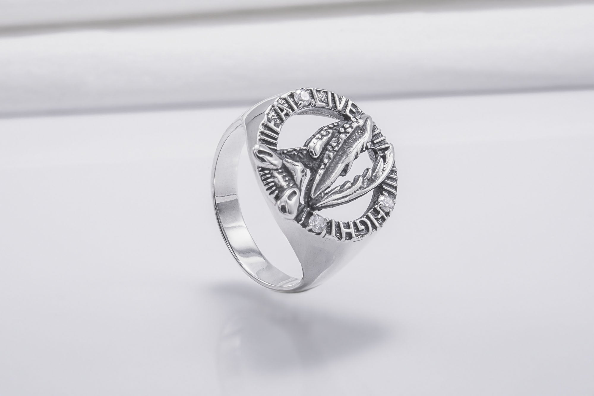 Sterling Silver Mantis Round Ring With Clear Gems, Handmade Jewelry - vikingworkshop