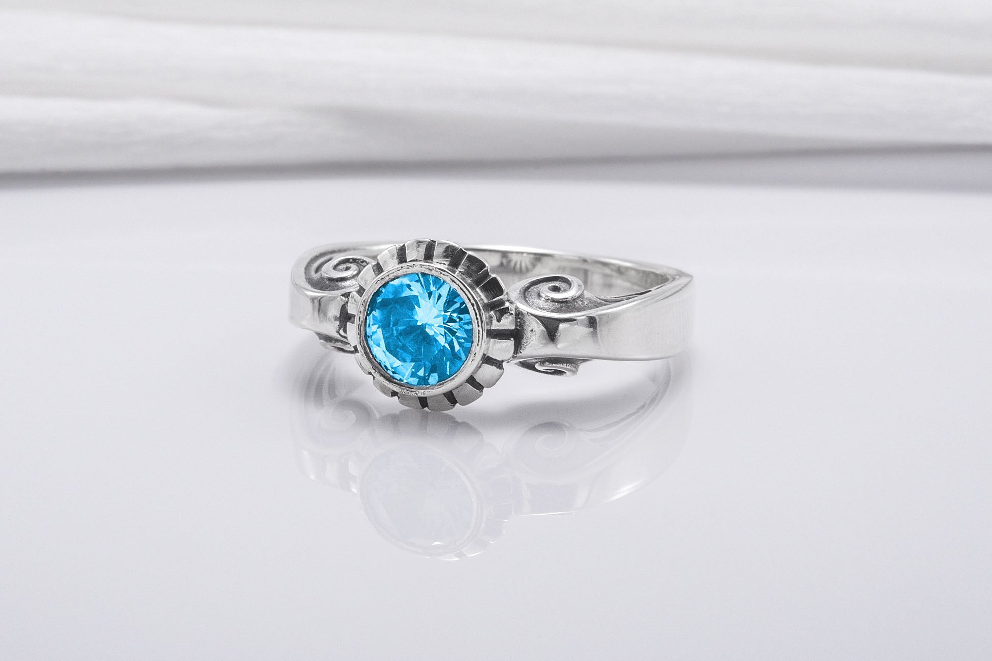 Minimalistic 925 Silver Ring With Ornament And Blue Gem, Handmade Jewelry - vikingworkshop