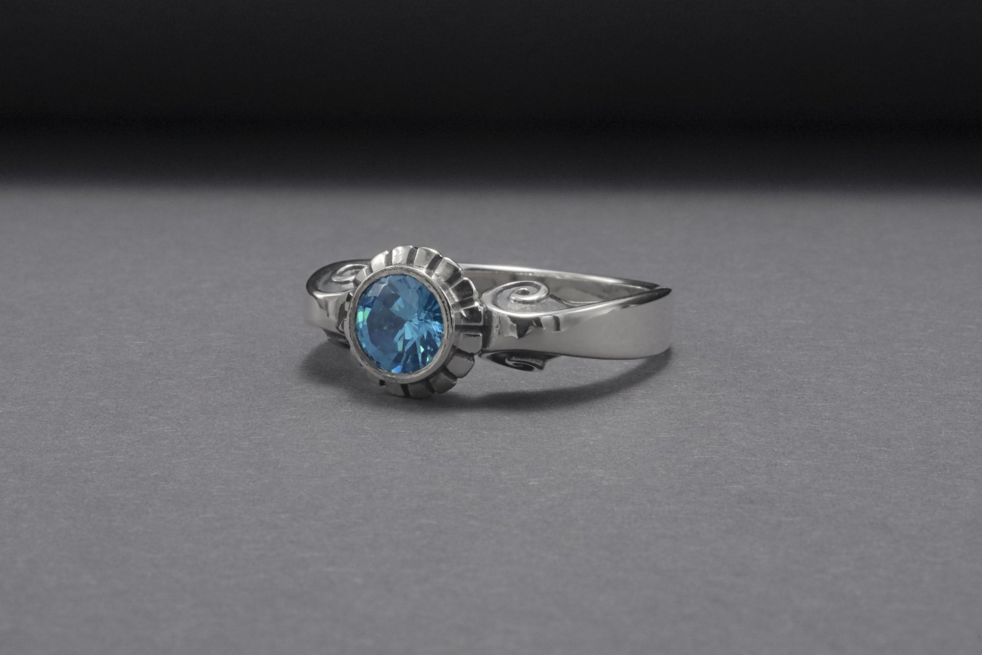 Minimalistic 925 Silver Ring With Ornament And Blue Gem, Handmade Jewelry - vikingworkshop