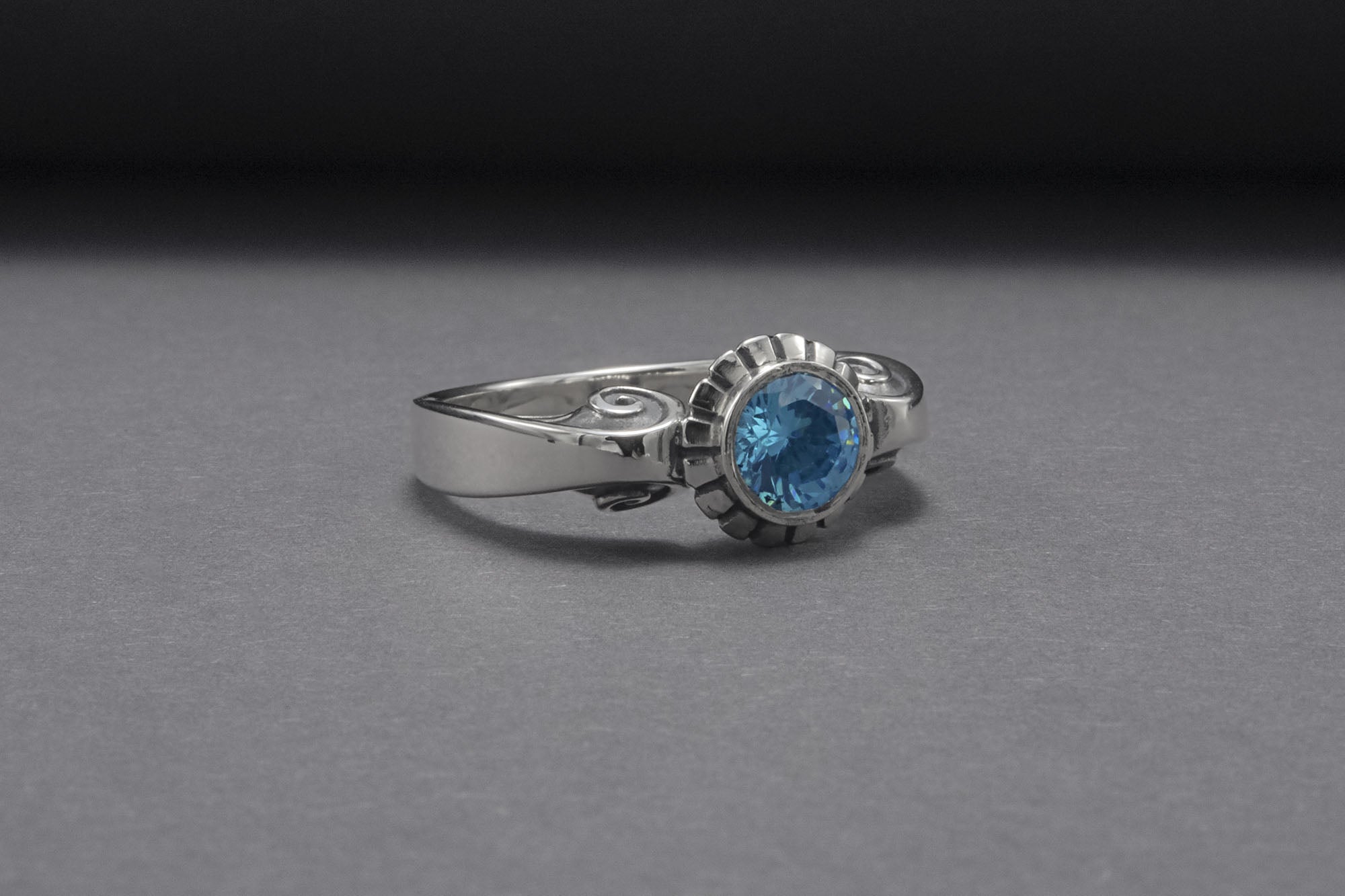 Minimalistic 925 Silver Ring With Ornament And Blue Gem, Handmade Jewelry - vikingworkshop