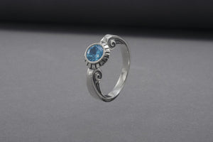 Minimalistic 925 Silver Ring With Ornament And Blue Gem, Handmade Jewelry - vikingworkshop