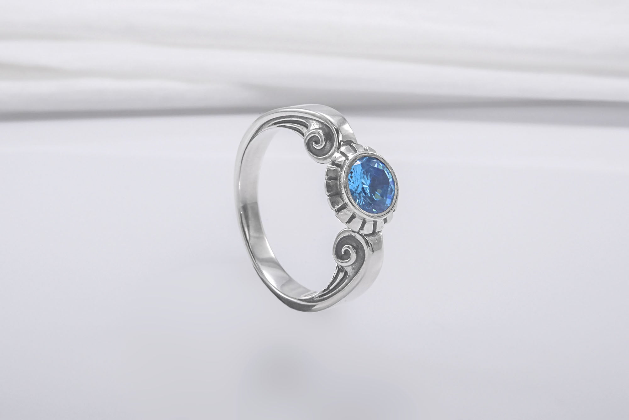 Minimalistic 925 Silver Ring With Ornament And Blue Gem, Handmade Jewelry - vikingworkshop