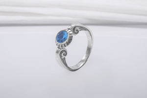 Minimalistic 925 Silver Ring With Ornament And Blue Gem, Handmade Jewelry - vikingworkshop