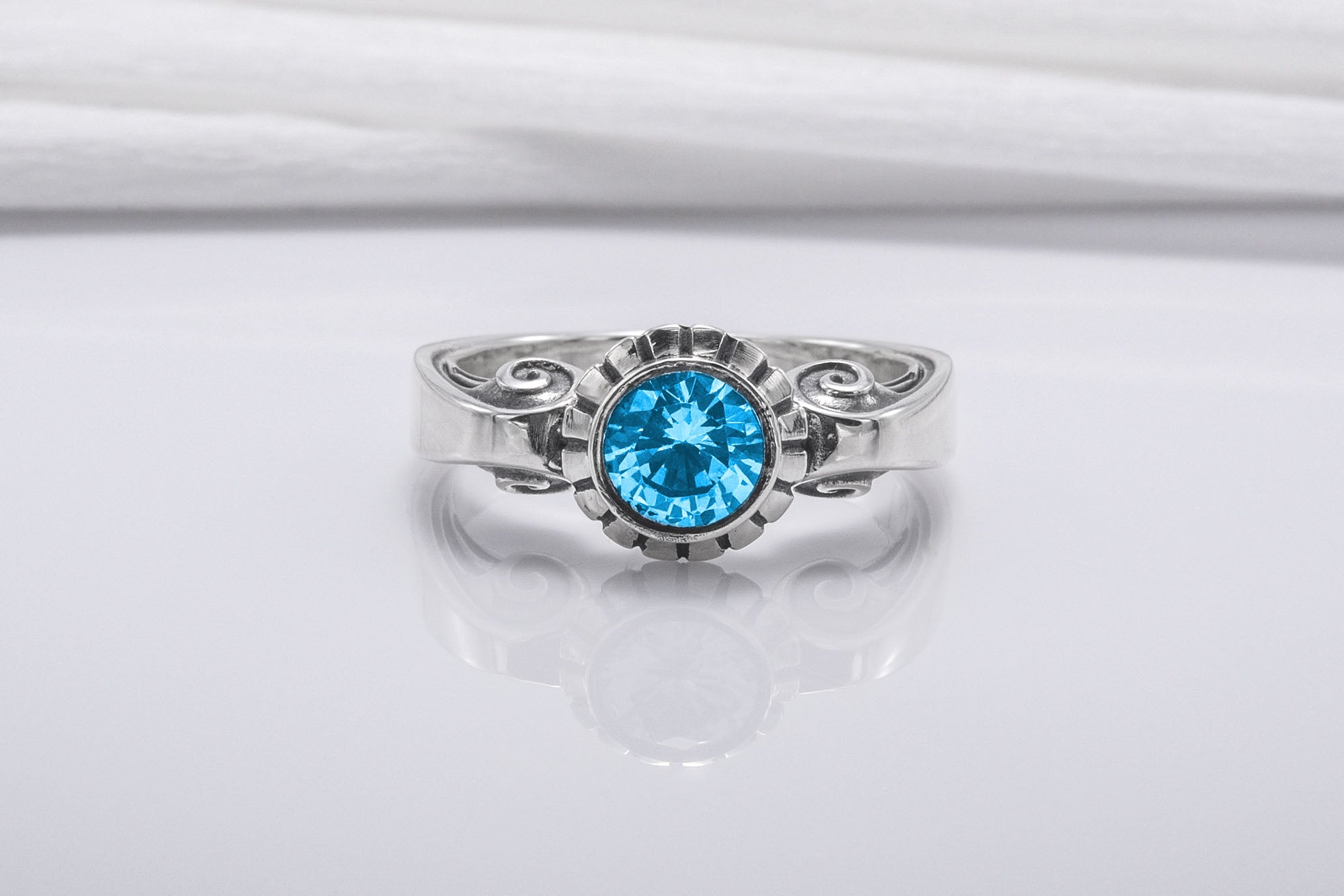 Minimalistic 925 Silver Ring With Ornament And Blue Gem, Handmade Jewelry - vikingworkshop