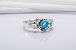 Minimalistic 925 Silver Ring With Ornament And Blue Gem, Handmade Jewelry - vikingworkshop