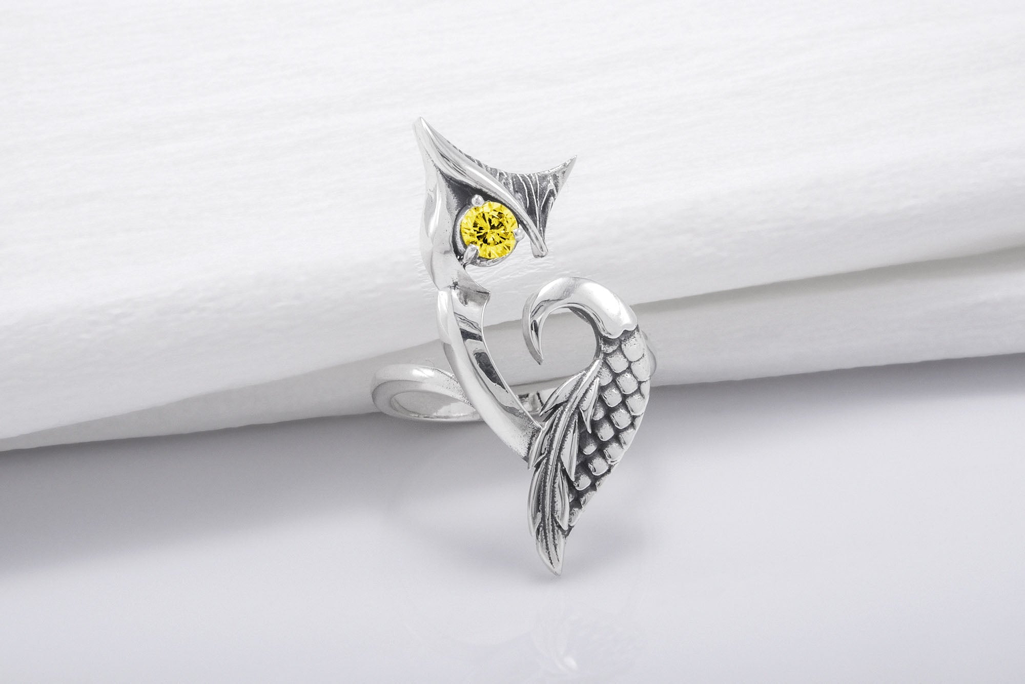 925 Silver Ring with Owl and Yellow Gem, Handcrafted Animal Jewelry - vikingworkshop