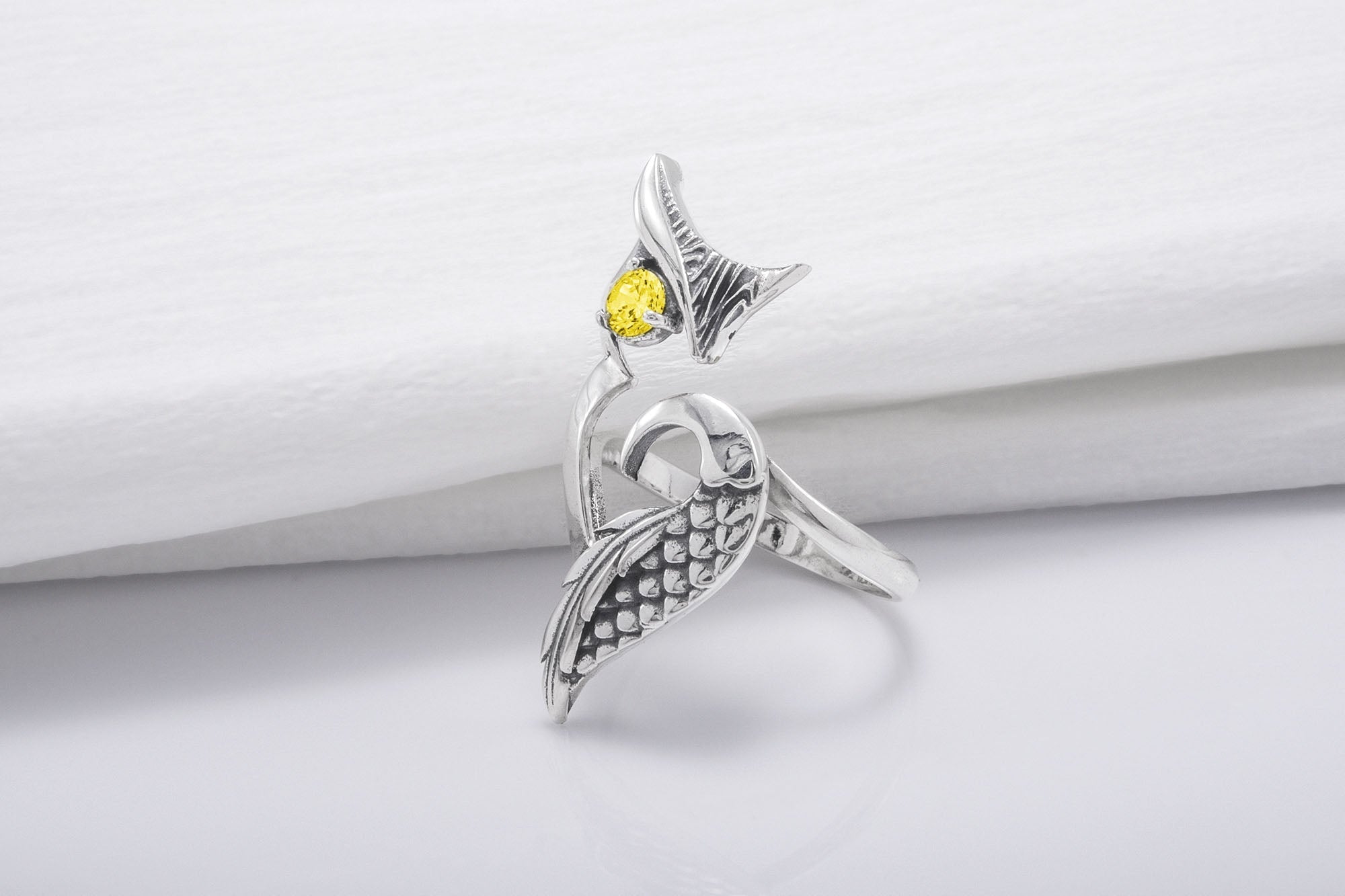 925 Silver Ring with Owl and Yellow Gem, Handcrafted Animal Jewelry - vikingworkshop