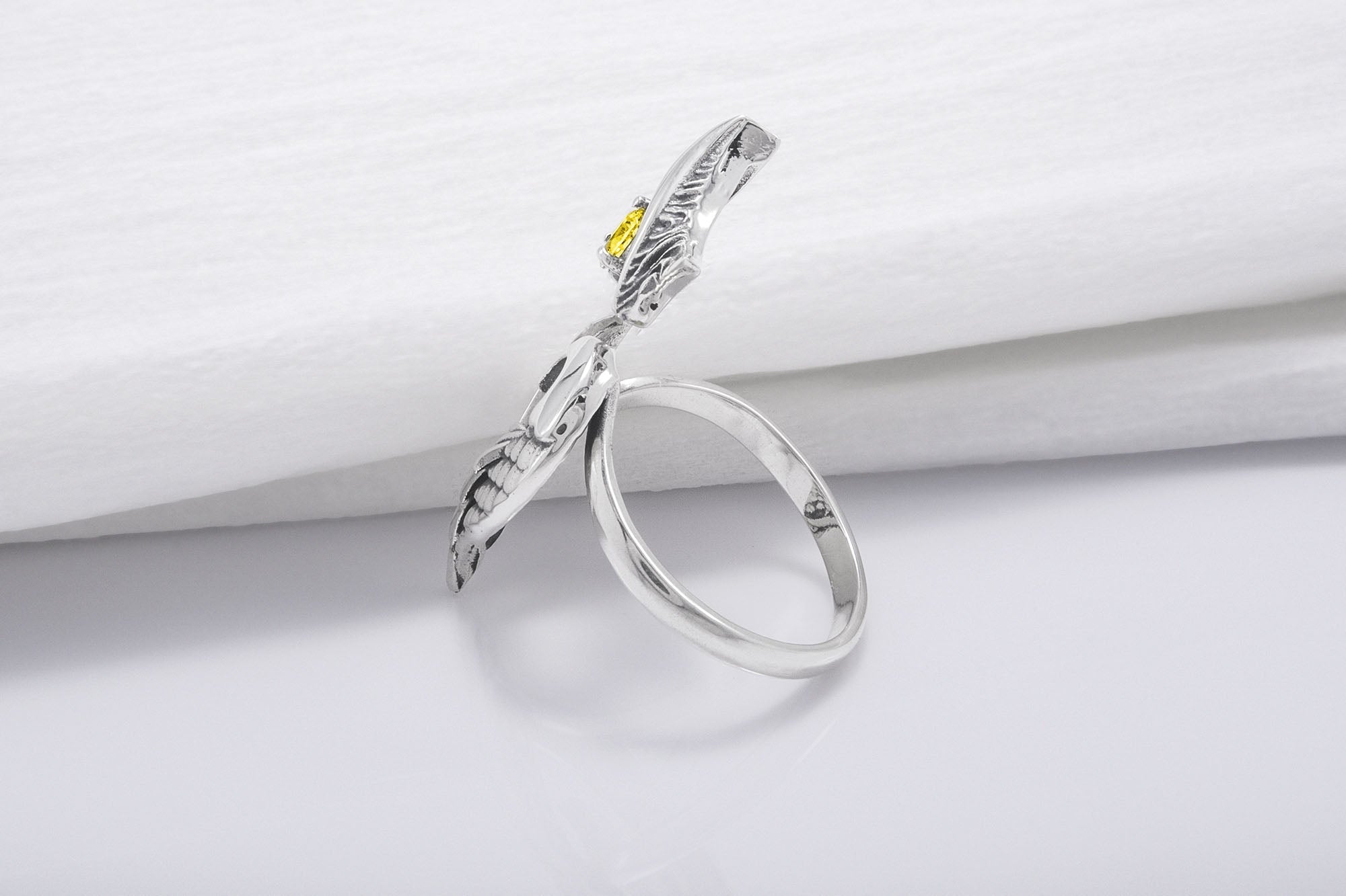 925 Silver Ring with Owl and Yellow Gem, Handcrafted Animal Jewelry - vikingworkshop