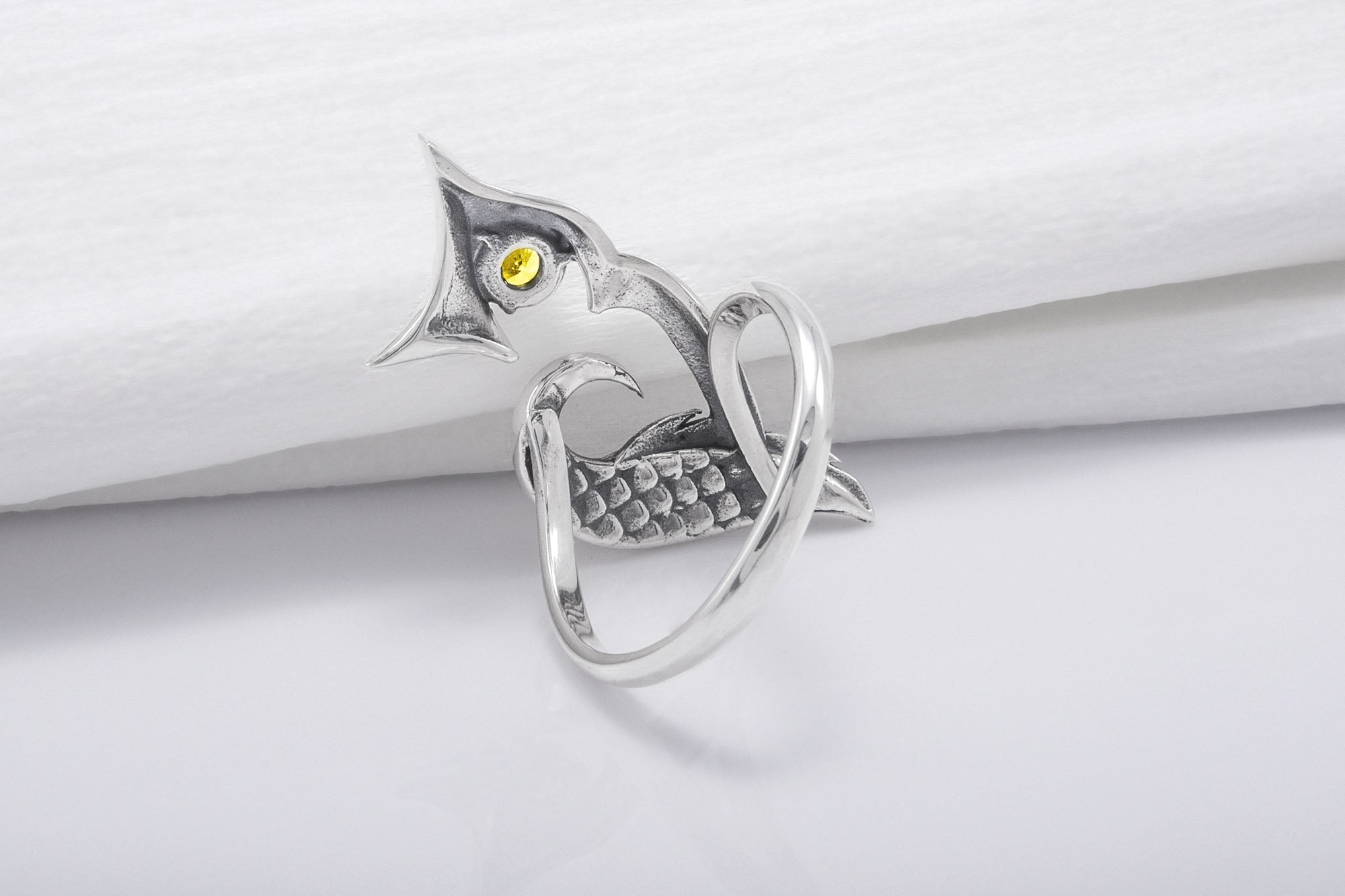 925 Silver Ring with Owl and Yellow Gem, Handcrafted Animal Jewelry - vikingworkshop