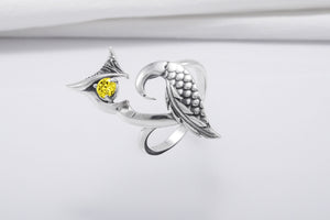 925 Silver Ring with Owl and Yellow Gem, Handcrafted Animal Jewelry - vikingworkshop