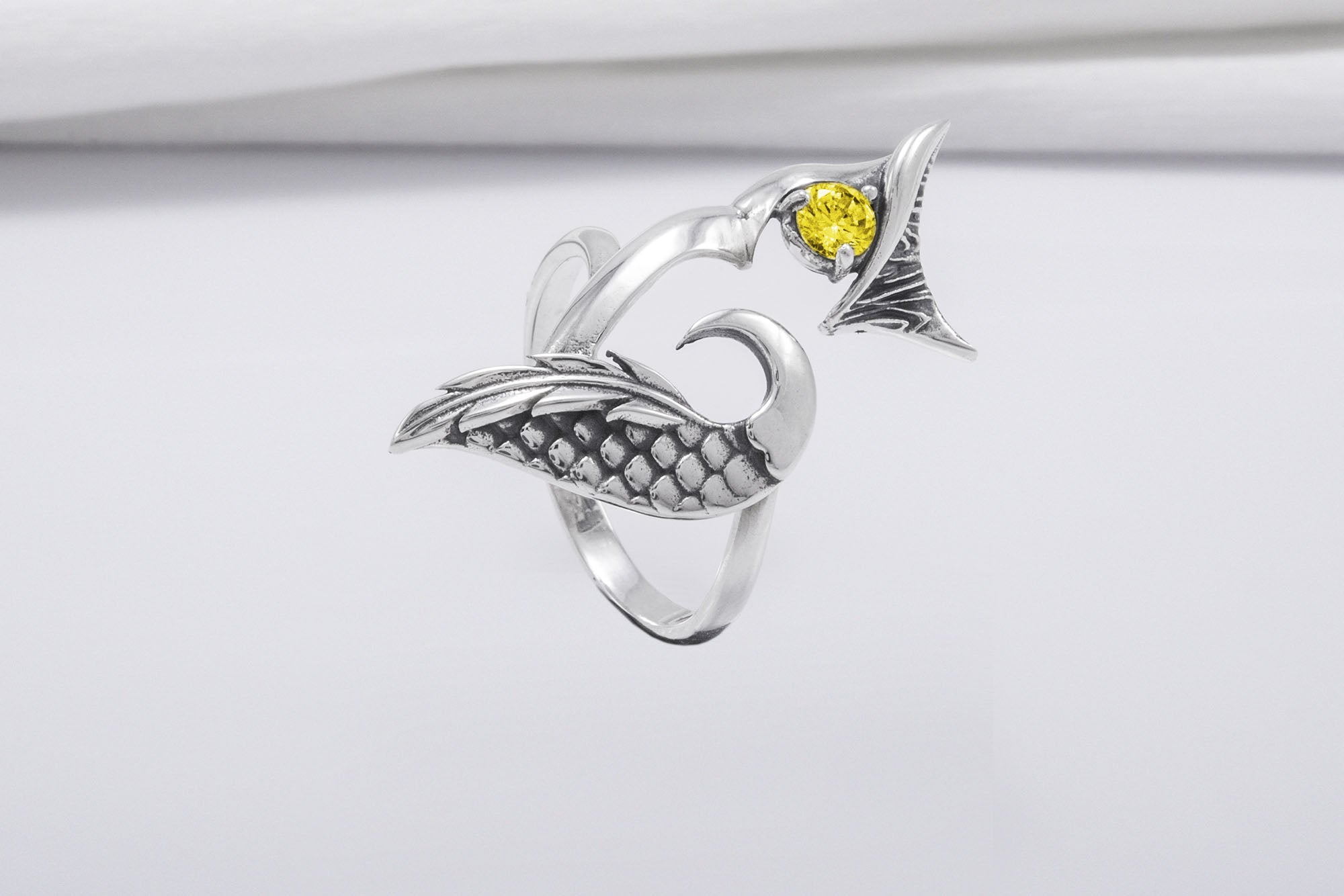 925 Silver Ring with Owl and Yellow Gem, Handcrafted Animal Jewelry - vikingworkshop