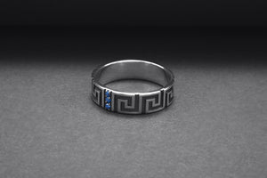 Sterling Silver Meander Ring with Blue Gems, Handmade Greek Jewelry - vikingworkshop