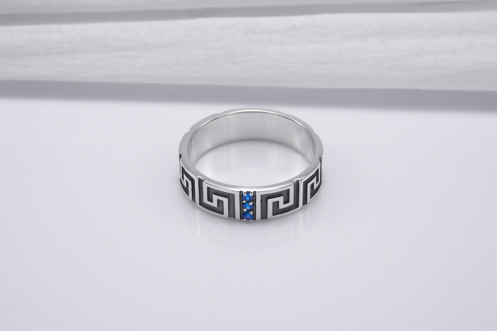 Sterling Silver Meander Ring with Blue Gems, Handmade Greek Jewelry - vikingworkshop