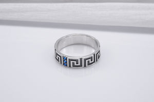 Sterling Silver Meander Ring with Blue Gems, Handmade Greek Jewelry - vikingworkshop