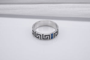 Sterling Silver Meander Ring with Blue Gems, Handmade Greek Jewelry - vikingworkshop