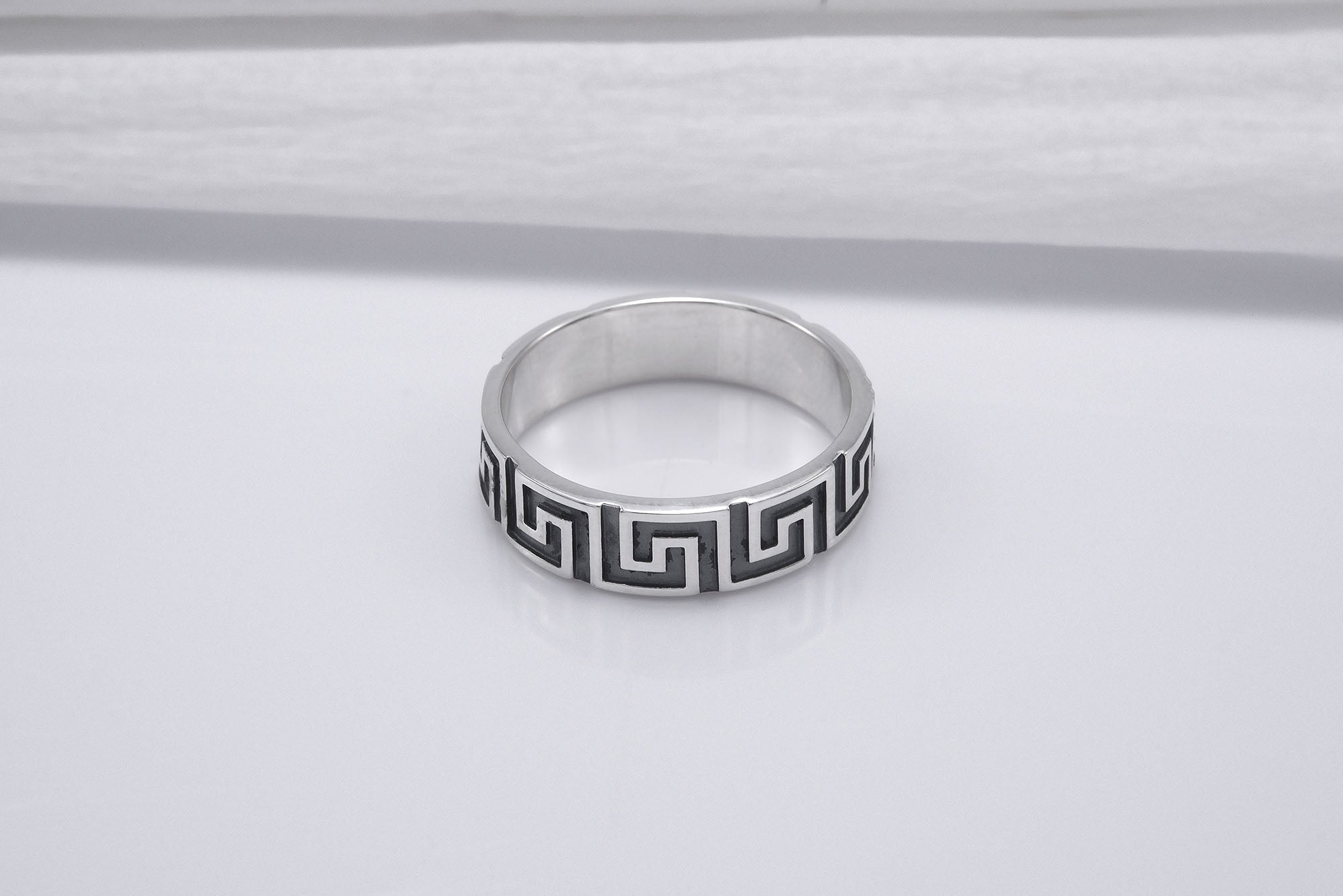 Sterling Silver Meander Ring with Blue Gems, Handmade Greek Jewelry - vikingworkshop
