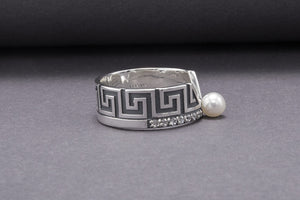 Sterling Silver Meander Ring with Clear Gems, Handmade Greek Jewelry - vikingworkshop