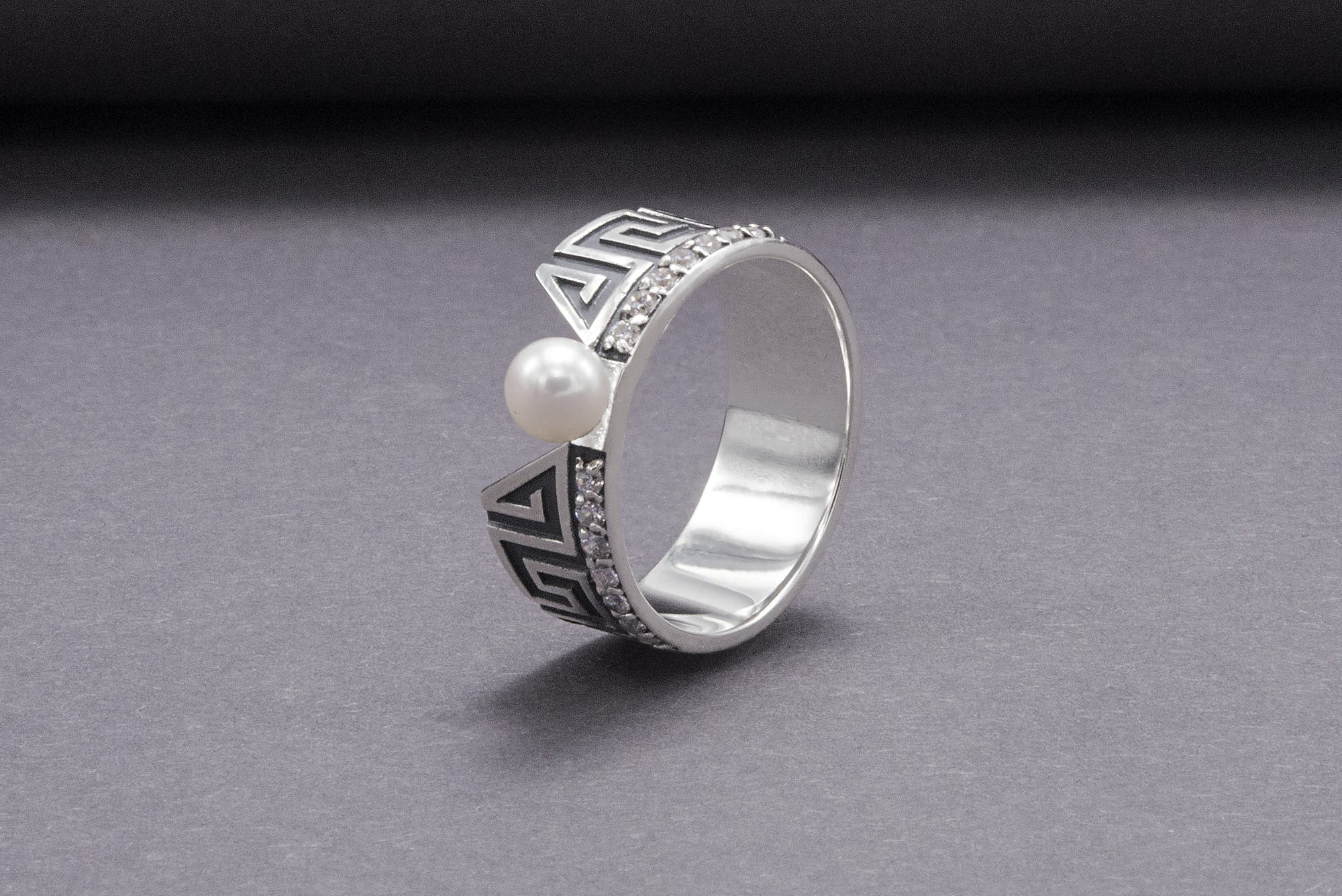 Sterling Silver Meander Ring with Clear Gems, Handmade Greek Jewelry - vikingworkshop