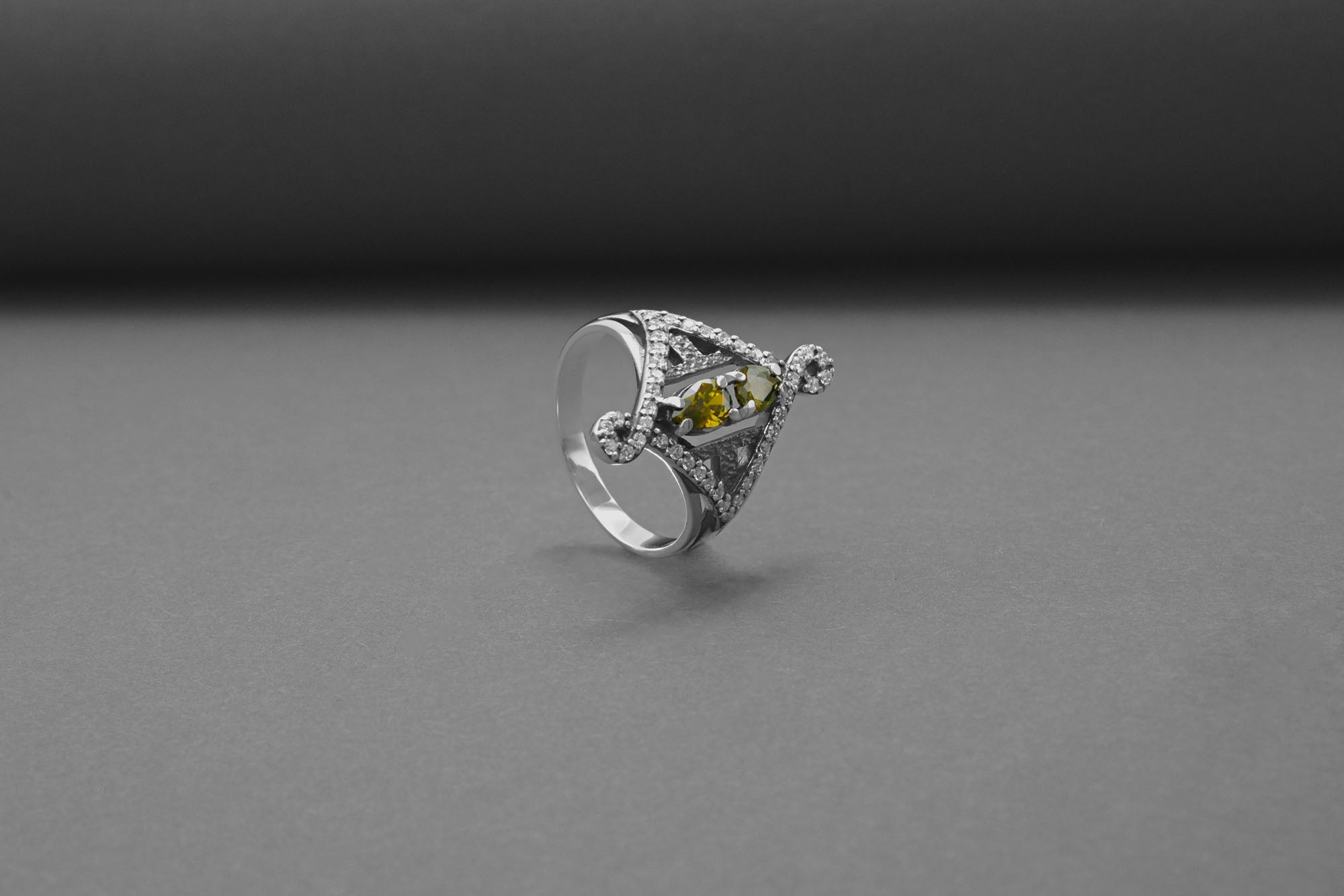 Sterling Silver Unique Ring with Yellow Gems, Handmade Classic Jewelry - vikingworkshop