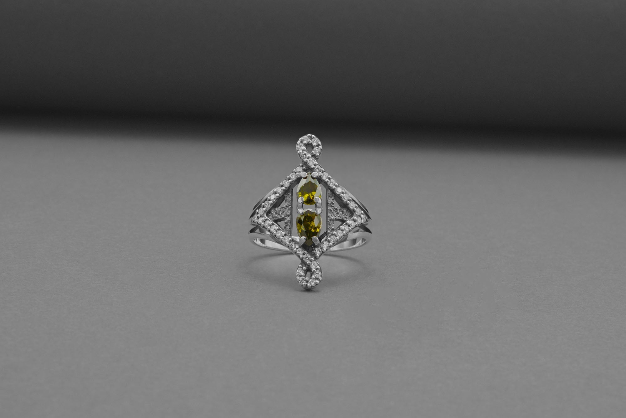 Sterling Silver Unique Ring with Yellow Gems, Handmade Classic Jewelry - vikingworkshop