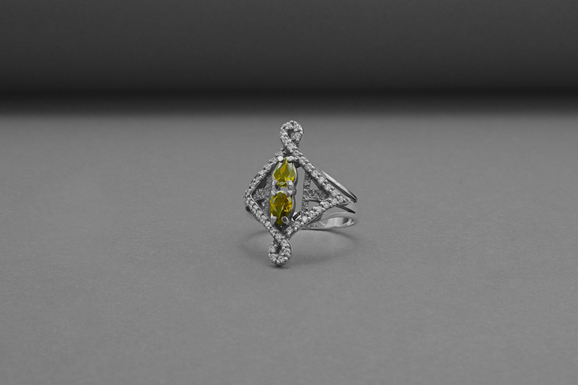 Sterling Silver Unique Ring with Yellow Gems, Handmade Classic Jewelry - vikingworkshop