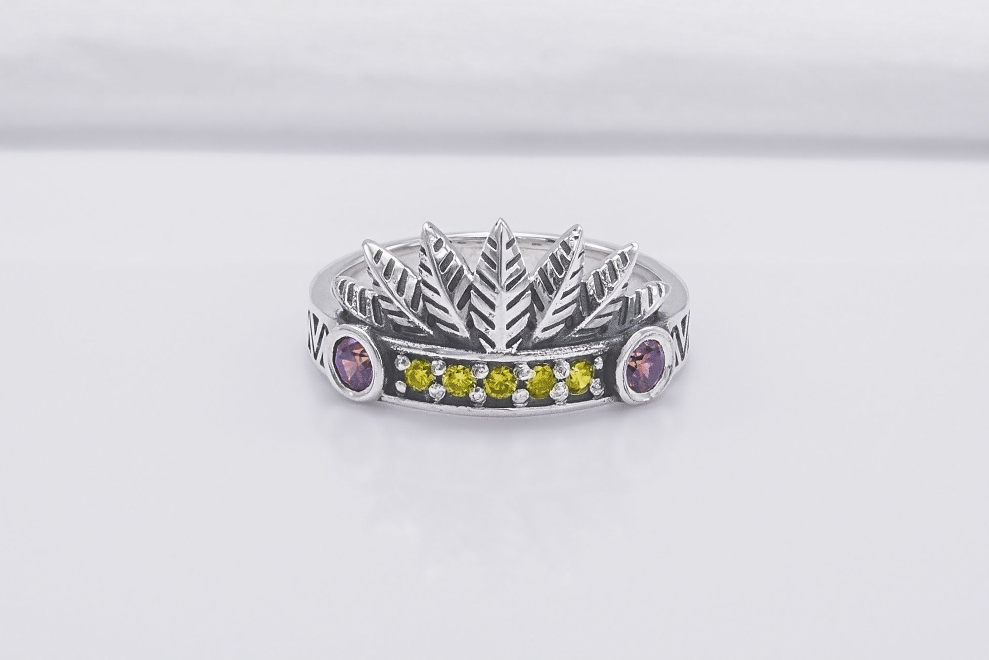 925 Silver Leaves Crown Ring with Ornament and Gems, Handcrafted Jewelry - vikingworkshop