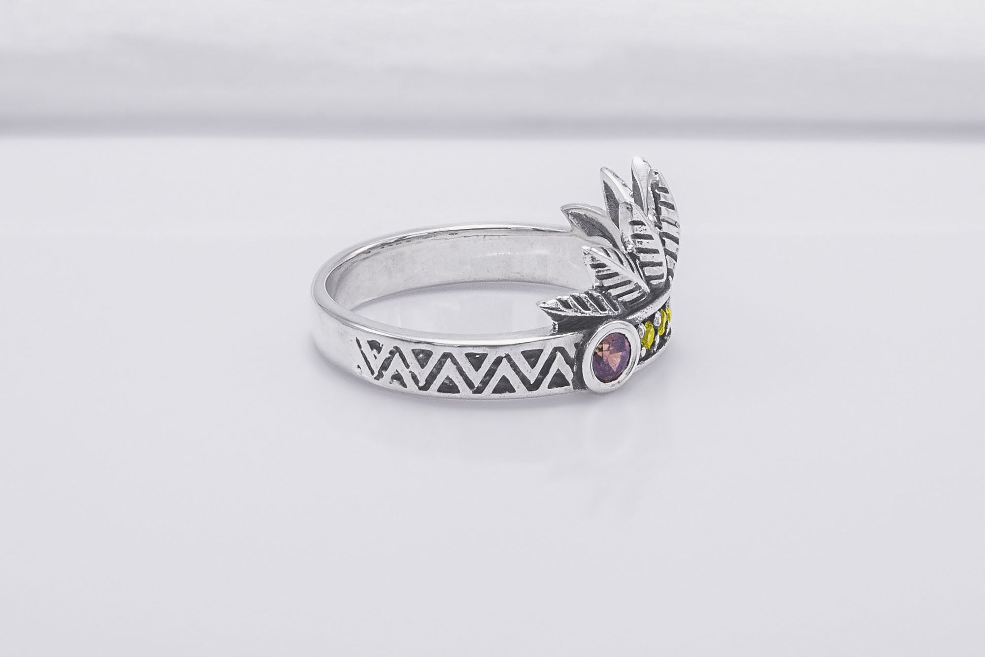 925 Silver Leaves Crown Ring with Ornament and Gems, Handcrafted Jewelry - vikingworkshop