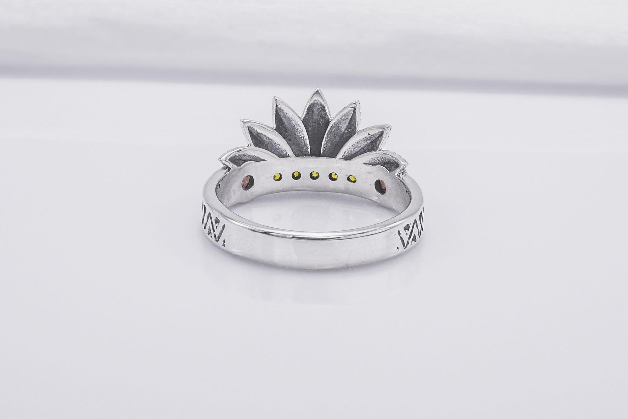 925 Silver Leaves Crown Ring with Ornament and Gems, Handcrafted Jewelry - vikingworkshop