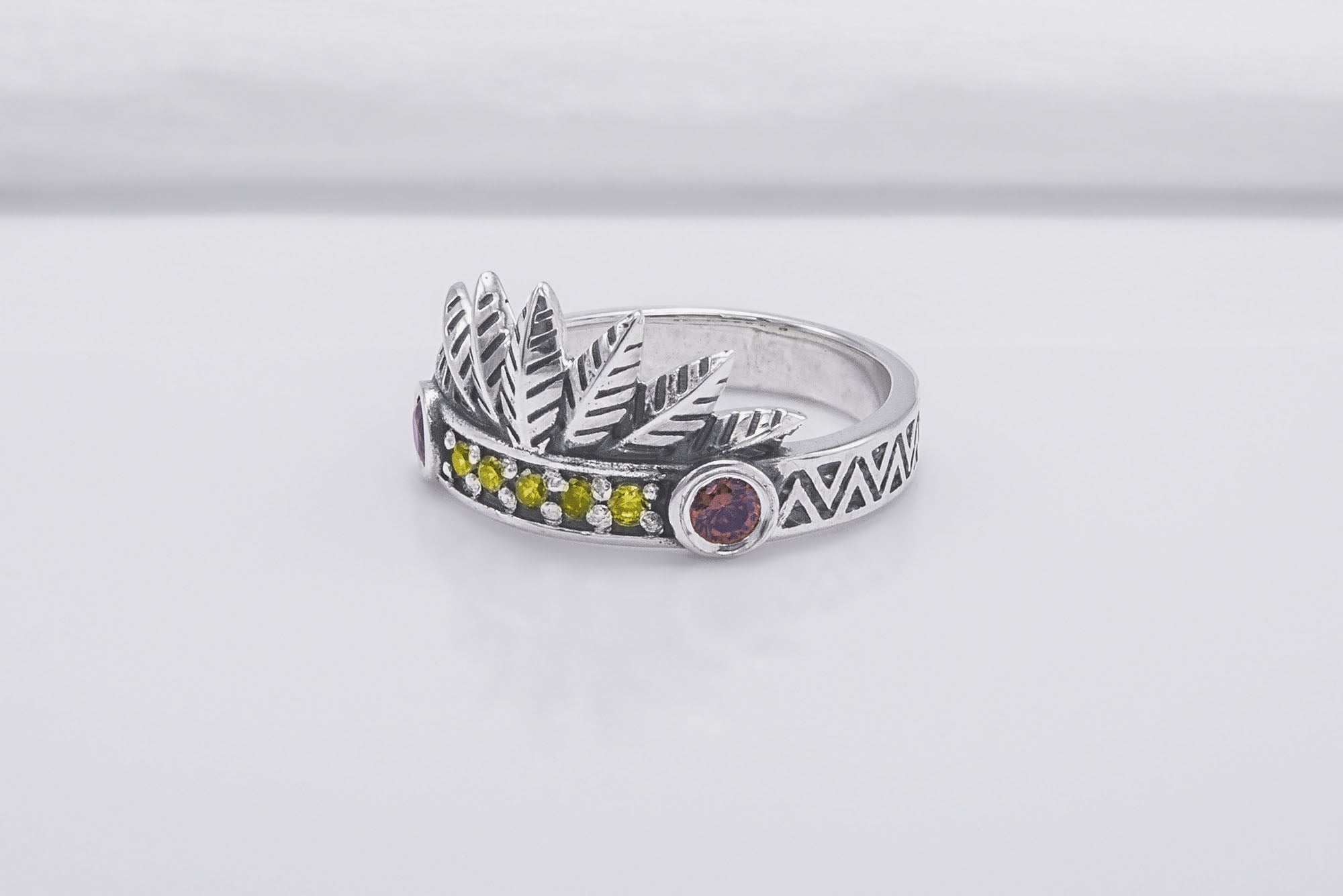 925 Silver Leaves Crown Ring with Ornament and Gems, Handcrafted Jewelry - vikingworkshop