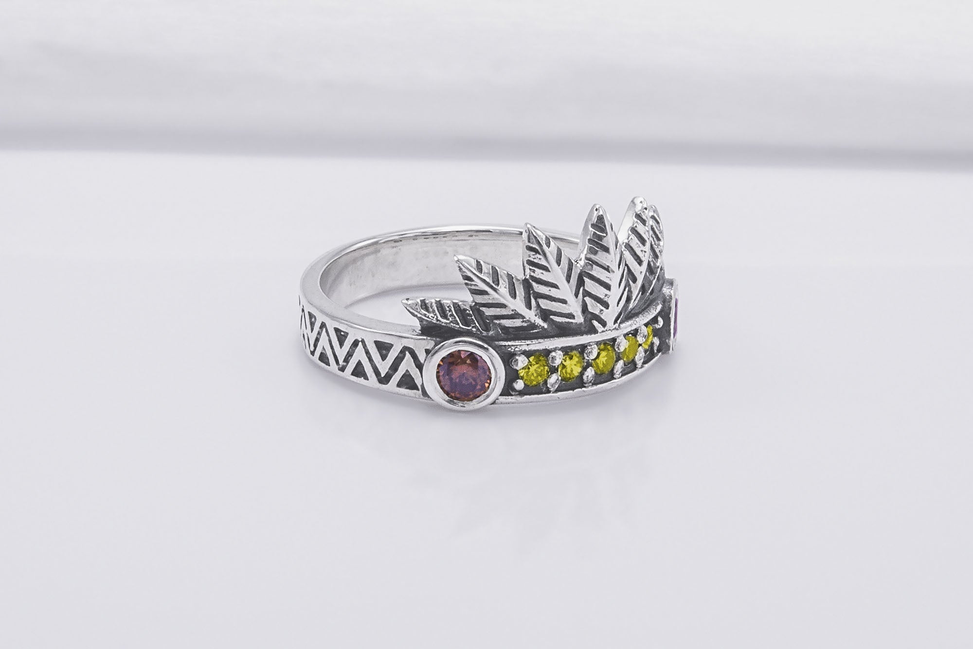 925 Silver Leaves Crown Ring with Ornament and Gems, Handcrafted Jewelry - vikingworkshop