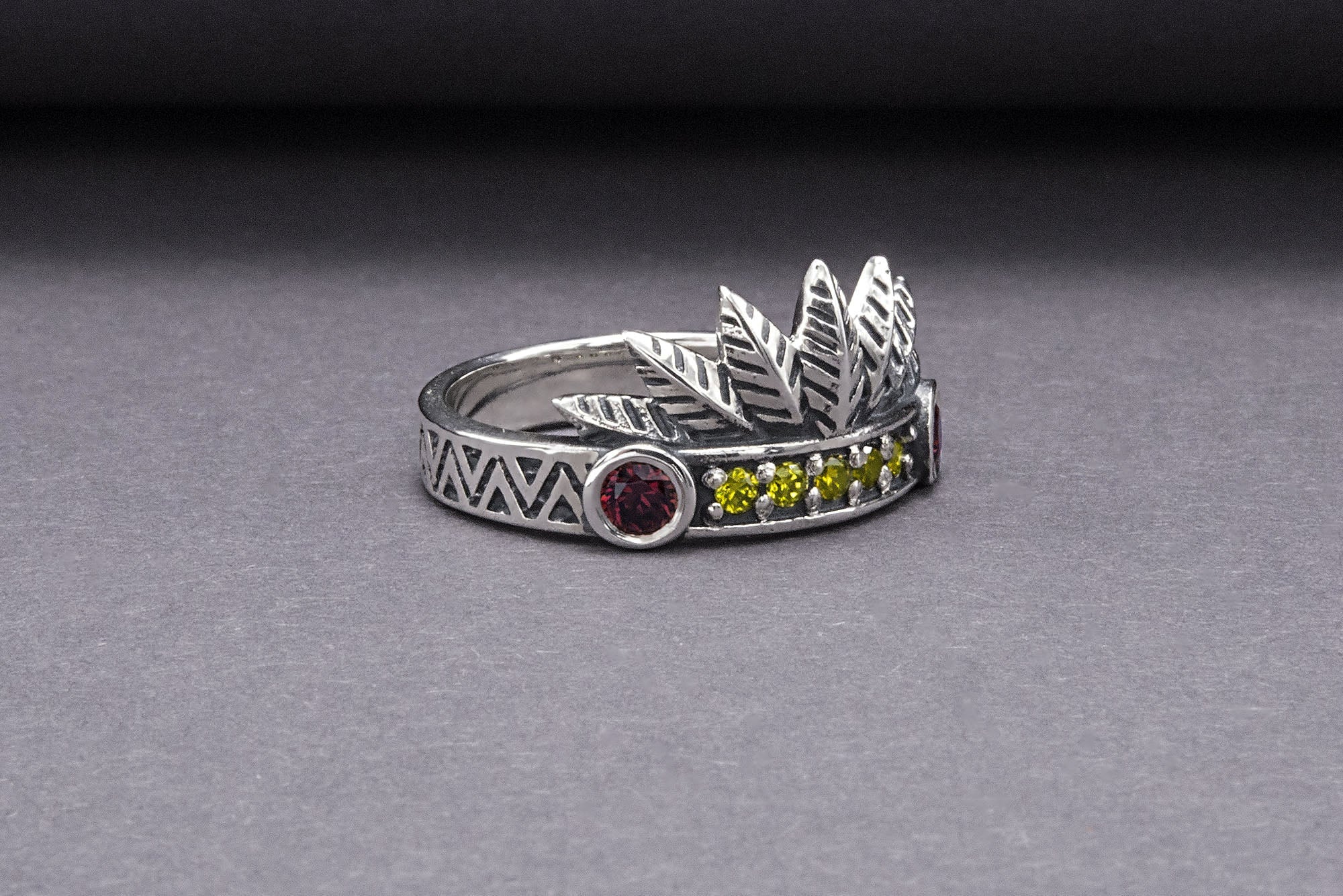 925 Silver Leaves Crown Ring with Ornament and Gems, Handcrafted Jewelry - vikingworkshop