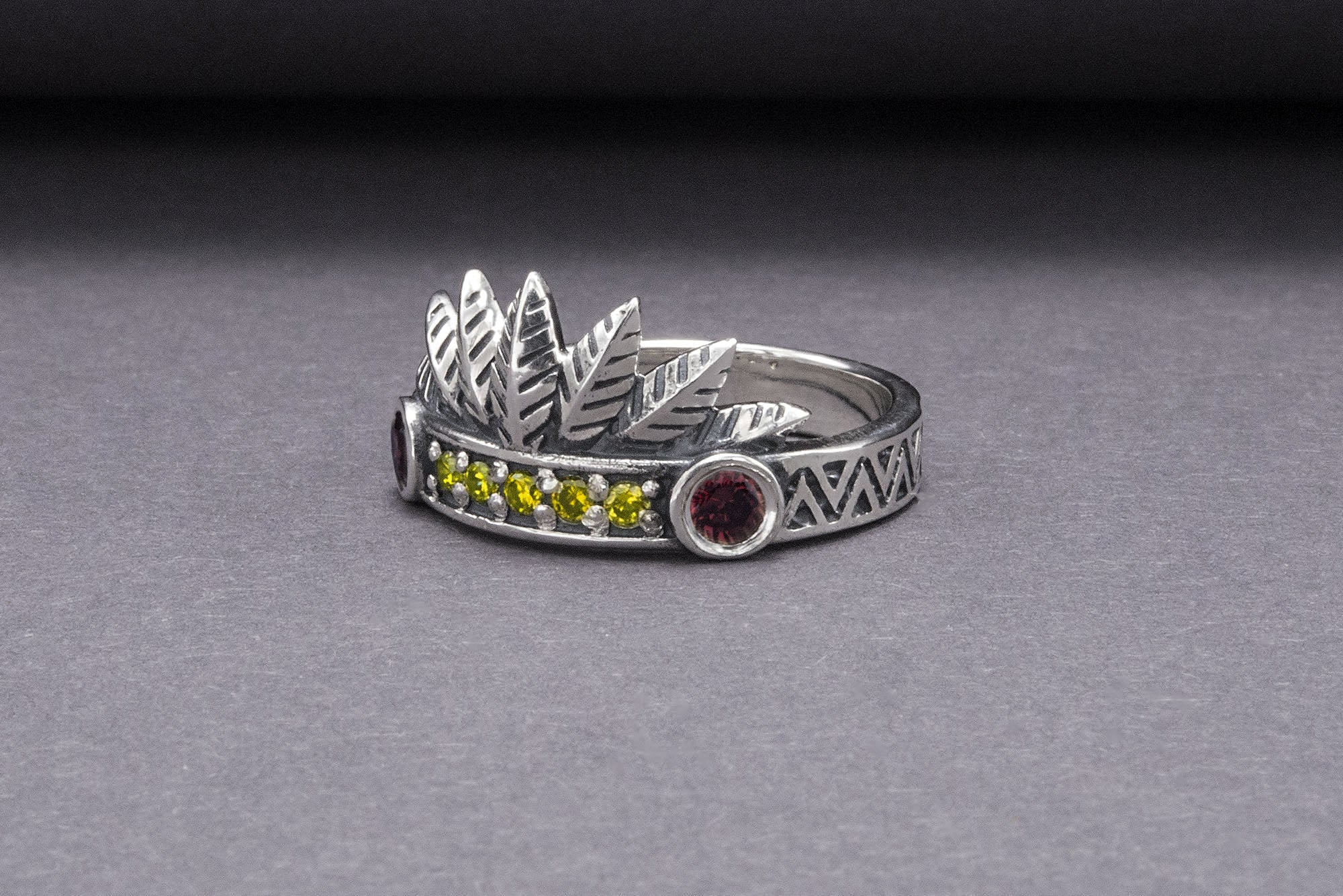 925 Silver Leaves Crown Ring with Ornament and Gems, Handcrafted Jewelry - vikingworkshop