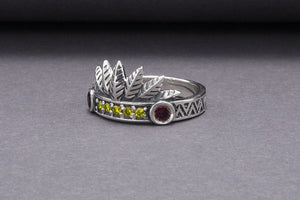 925 Silver Leaves Crown Ring with Ornament and Gems, Handcrafted Jewelry - vikingworkshop