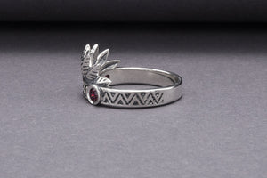 925 Silver Leaves Crown Ring with Ornament and Gems, Handcrafted Jewelry - vikingworkshop