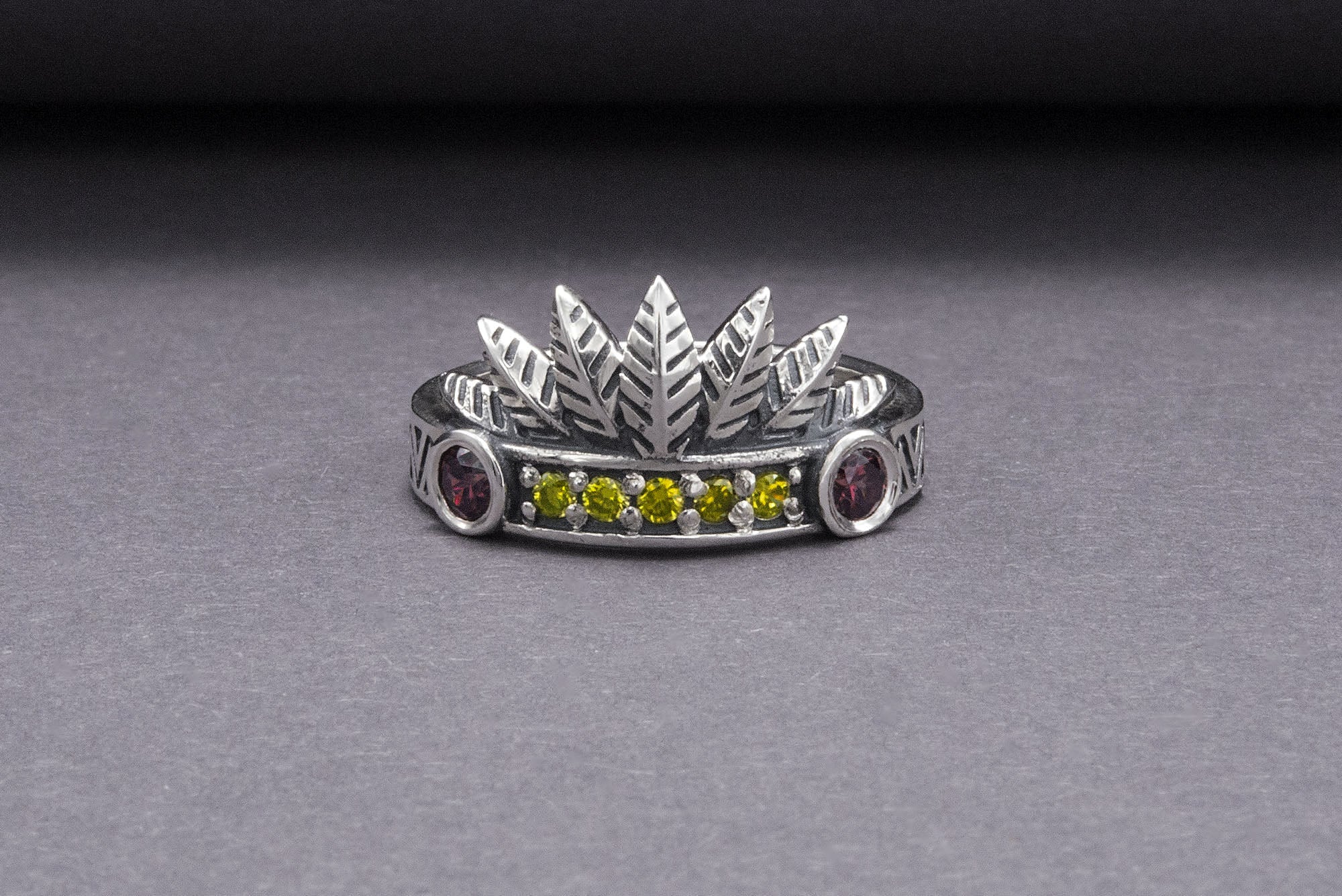 925 Silver Leaves Crown Ring with Ornament and Gems, Handcrafted Jewelry - vikingworkshop