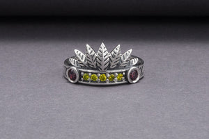 925 Silver Leaves Crown Ring with Ornament and Gems, Handcrafted Jewelry - vikingworkshop