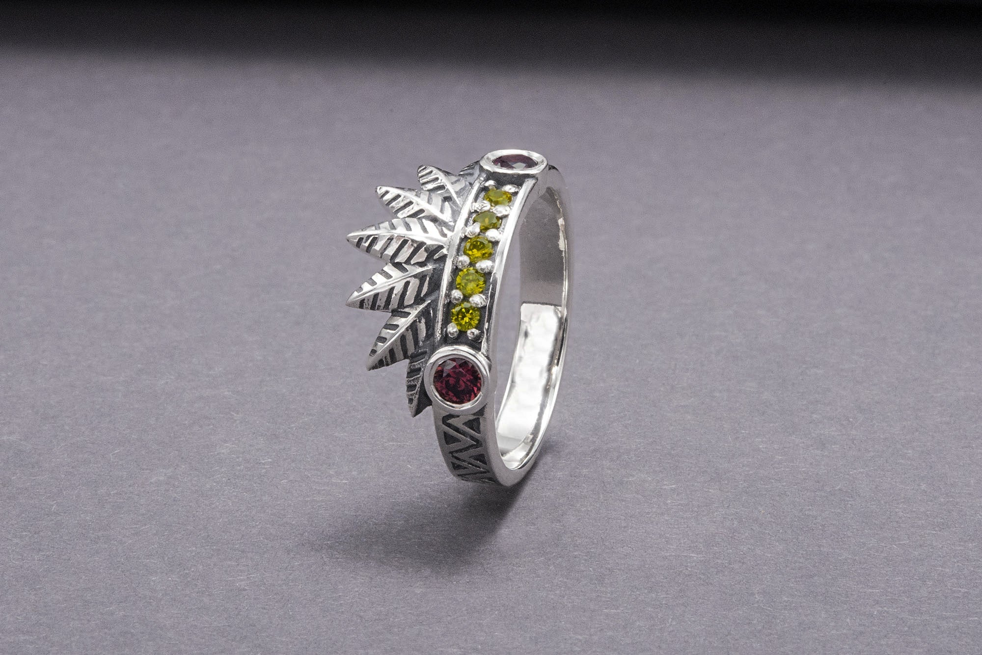 925 Silver Leaves Crown Ring with Ornament and Gems, Handcrafted Jewelry - vikingworkshop