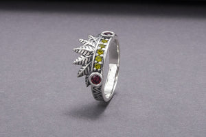 925 Silver Leaves Crown Ring with Ornament and Gems, Handcrafted Jewelry - vikingworkshop