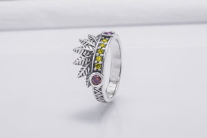 925 Silver Leaves Crown Ring with Ornament and Gems, Handcrafted Jewelry - vikingworkshop