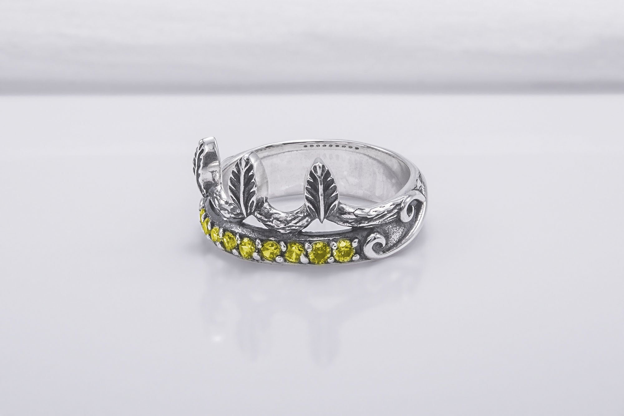 925 Silver Leaves Crown Ring with Wood Texture and Gems, Handcrafted Jewelry - vikingworkshop