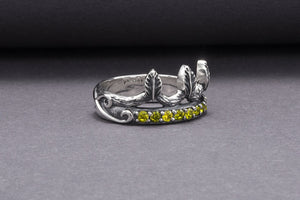 925 Silver Leaves Crown Ring with Wood Texture and Gems, Handcrafted Jewelry - vikingworkshop