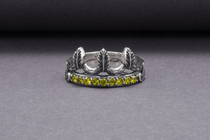 925 Silver Leaves Crown Ring with Wood Texture and Gems, Handcrafted Jewelry - vikingworkshop